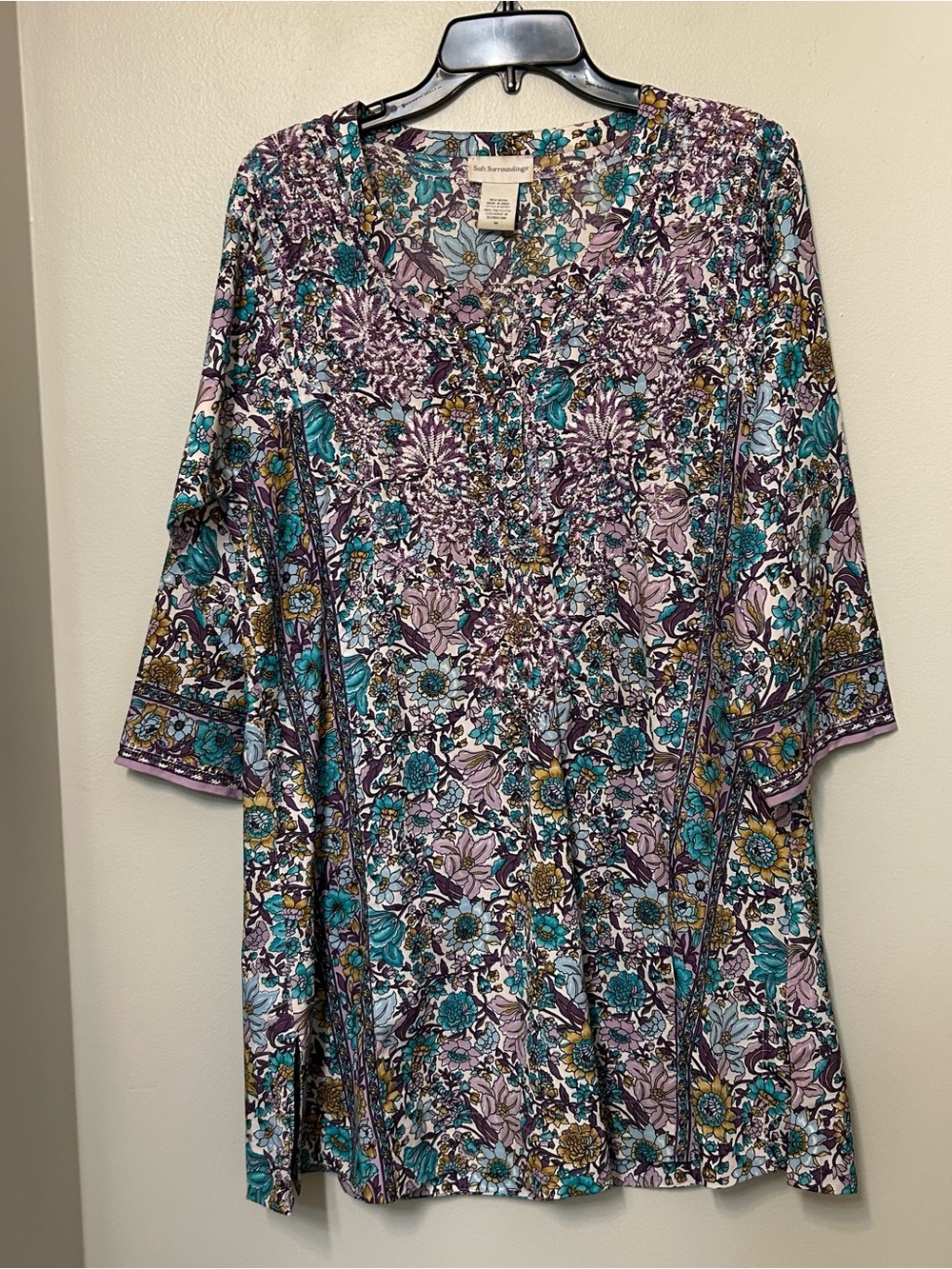 Soft Surroundings Purple and Turquoise Embroidered Floral V-Neck Tunic Dress M